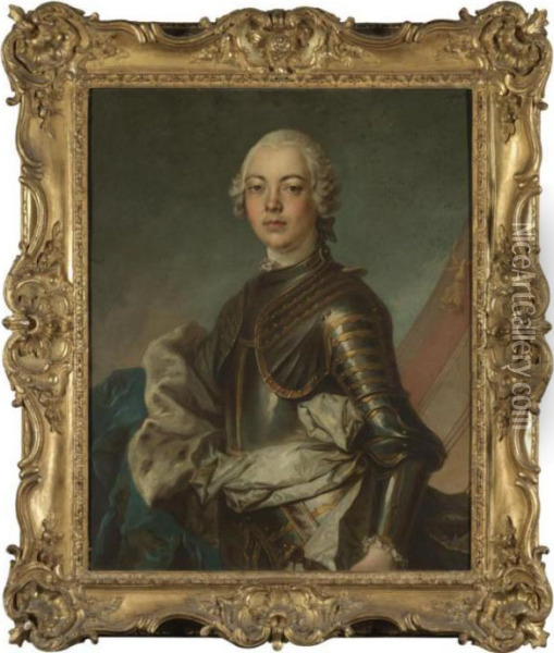 Portrait Of A Gentleman, Half Length, Wearing Armour With A Blue Ermine-lined Cloak Oil Painting - Jean-Baptiste Nattier