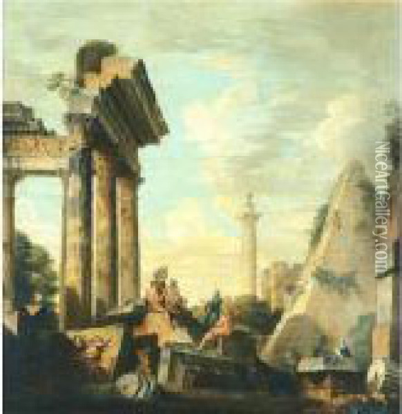 Architectural Capriccio With Trajan's Column And The Pryamid Of Cestius Oil Painting - Giovanni Niccolo Servandoni