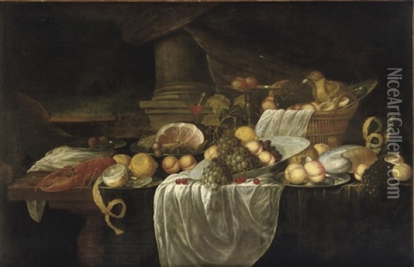 A Porcelain Bowl With Fruit In A Wicker Basket With Bread, A Glass, Lobster, Ham And Various Other Objects All On A Partially Draped Table Oil Painting - Jan Davidsz De Heem