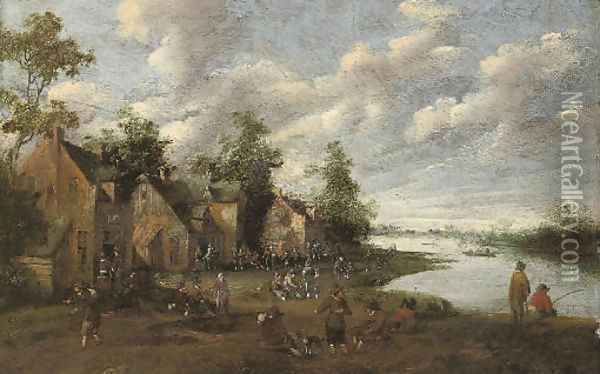 A riverside village with fishermen and figures conversing Oil Painting - Joost Cornelisz. Droochsloot