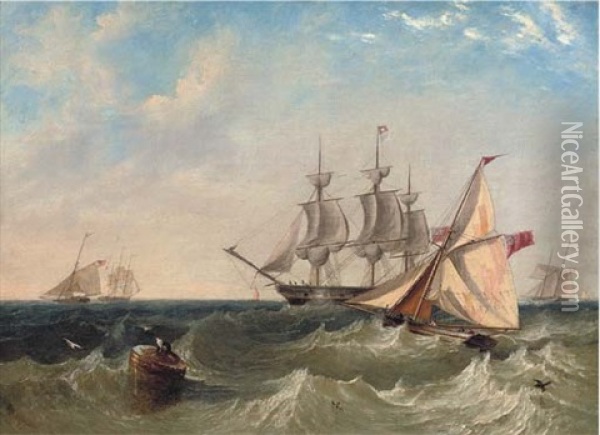 Naval Cutters Offshore With A Frigate Coming To Anchor (spithead?) Oil Painting - John Wilson Carmichael