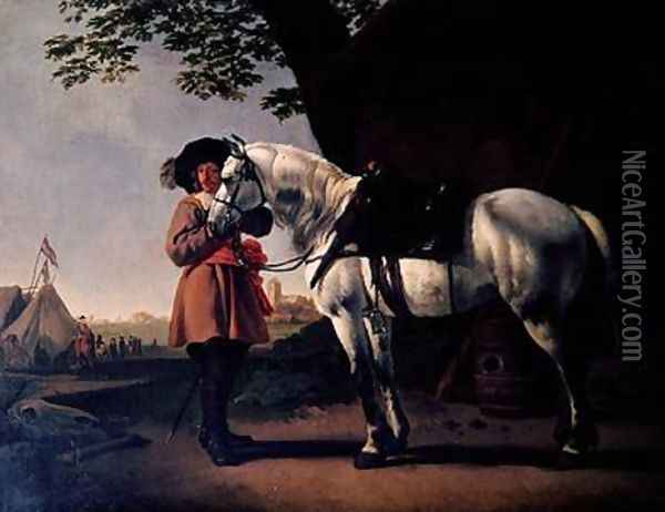 A Cavalier with a grey horse Oil Painting - Abraham Van Calraet