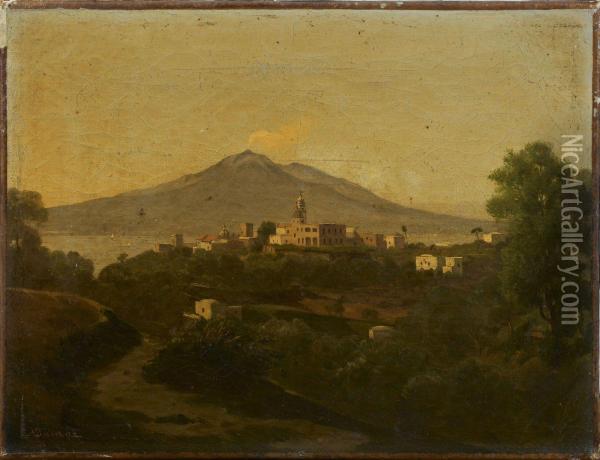 Vue Presumee De Vico Equense; Le Vesuve Et La Baie De Naples Oil Painting - Ernest Joachim Dumax