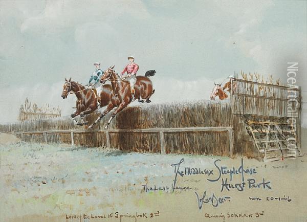The Middlesex Steeple-chase, Hurst Park; Thegrand Sefton Steeple-chase Oil Painting - John Beer