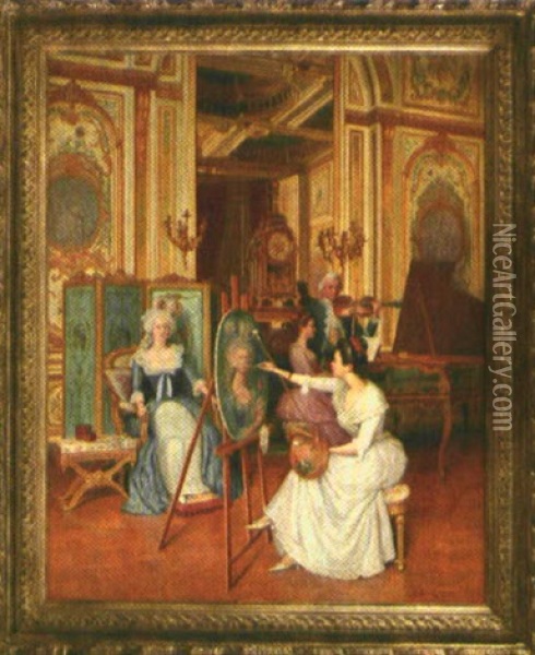 Szene In Einem Schloss Im Rokoko, Eine Dame Wird Portraitiert Oil Painting - Gustave Bettinger