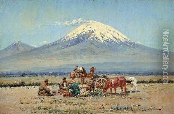 Kaukasische Landschaft Mit Kamel Undkarren Oil Painting - Konstantin Andreevic Somov