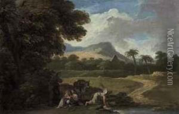 An Exotic Landscape With The Rest On The Flight Into Egypt Oil Painting - Andrea Locatelli
