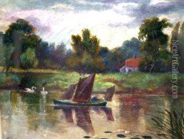 River Scene With A Barge And Swans Oil Painting - Cecil Gordon Lawson