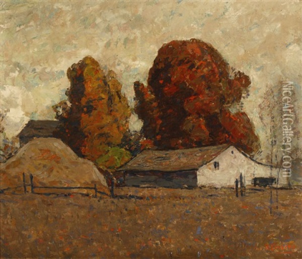 Early In The Morning, Barn And Haystack In Autumn Oil Painting - William Forsyth