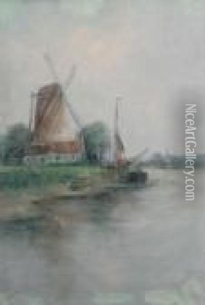 Scheldebocht Met Windmolen En Zeilboot Op Het Droge Oil Painting - Romain Steppe