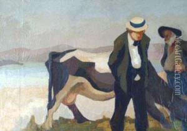 Le Bouvier Avec Sa Vache Oil Painting - Maurice Le Scouezec