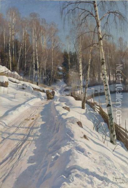 Sleigh Ride On A Sunny Winter Day Oil Painting - Peder Mork Monsted
