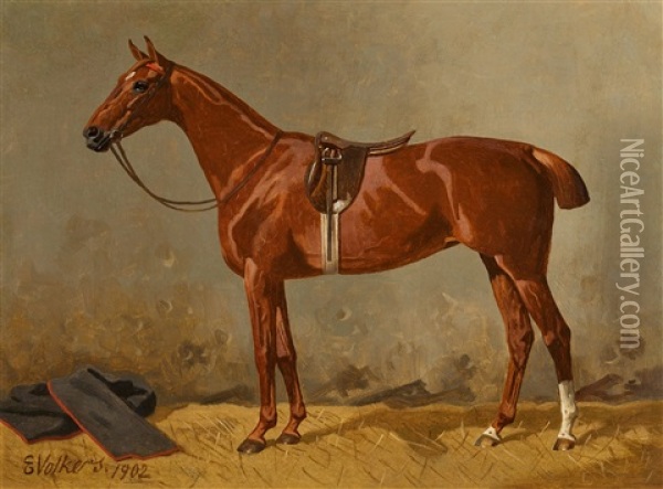 Two Saddled Horses Oil Painting - Emil Volkers