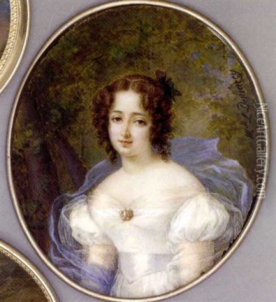 A Young Lady In A Forest, In White Silk Dress With Gauze Pinned At Corsage With Gold-set Turquoise Brooch, Gauze Sleeves, Pale Blue Sash, Floating Blue Gauze Stole, Black Bow In Her Curled Brown Hair Oil Painting - Antoinette Louise Demarcy