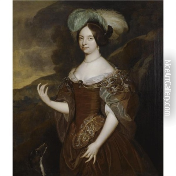 A Portrait Of A Lady, Wearing An Elegant Brown Dress, Pearl Jewellery And A Green And White Feathered Headdress, Next To A Dog Oil Painting - Johan De La Rocquette