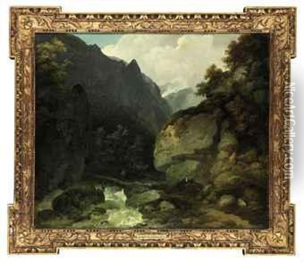 A Mountainous River Landscape In The Alps, With Travellers On Apath Oil Painting - Philip Jacques de Loutherbourg