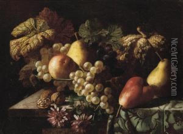 Pears, A Pumpkin, Grapes, An Apple, Walnuts And Daisies On Apartly- Draped Table Oil Painting - Jan Frans Van Dael