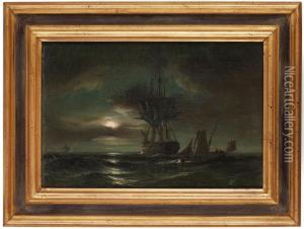 Ships In The Moonlight Oil Painting - Anton Melbye