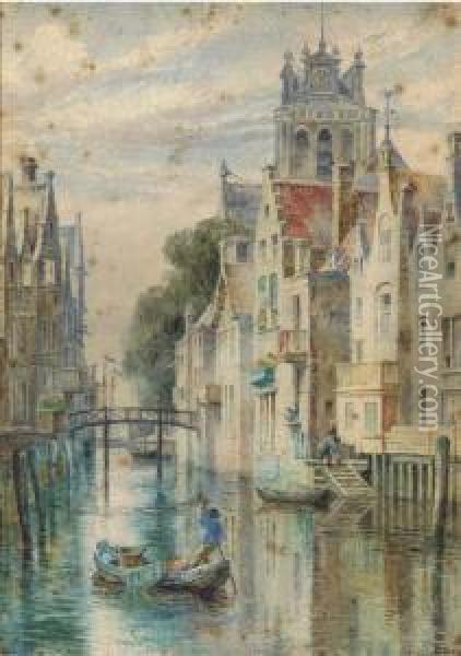 Punting Along A City Canal Oil Painting - George Raphael Ward