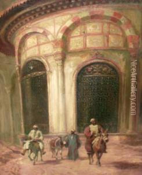 Hungarian -- Three Arabs With Mules Before A Temple Oil Painting - Karoly Cserna