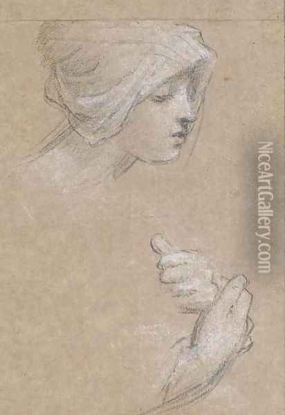The head of a woman in profile to the right, with subsidiary studies of hands Oil Painting - French School