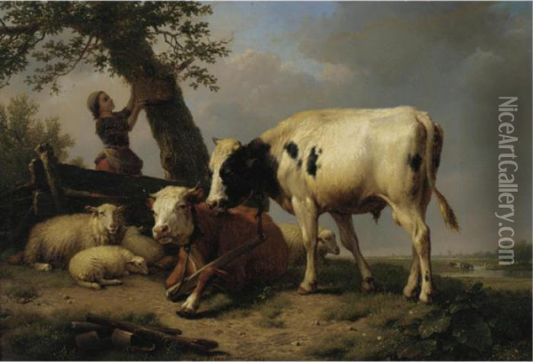 Shepherd Girl With Cattle And Sheep At Rest Oil Painting - Eugene Joseph Verboeckhoven