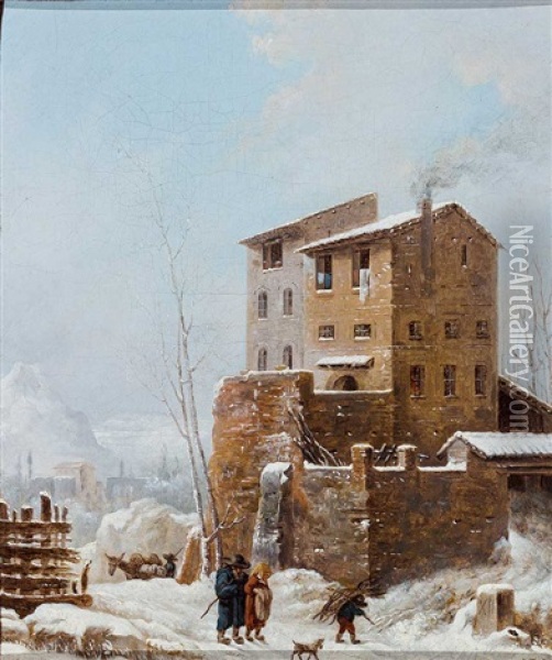 Winterlandschaft Mit Malerischem Gehoft Und Figurenstaffage Oil Painting - Heinrich Buerkel