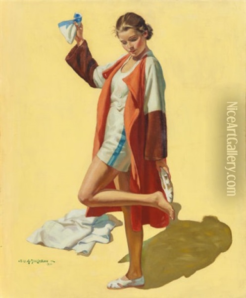 Slipping Into Her Shoes, The Saturday Evening Post Cover, August 11, 1934 Oil Painting - Charles Archibald Maclellan