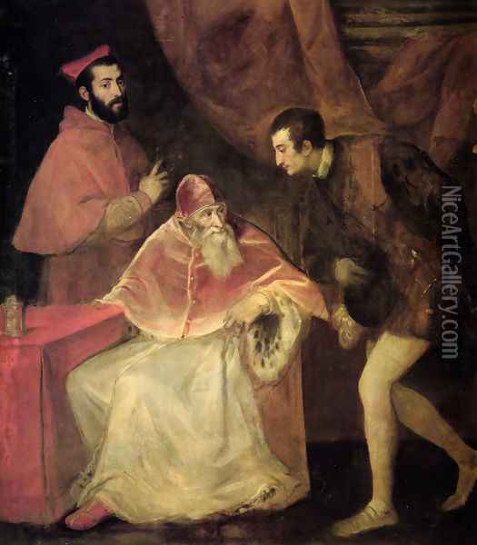 Pope Paul III with his Grandsons Alessandro and Ottavio Farnese 1546 Oil Painting - Tiziano Vecellio (Titian)