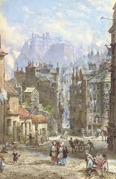 View of the half moon battery of Edinburgh Castle from Candlemaker Row Oil Painting - Louise Rayner