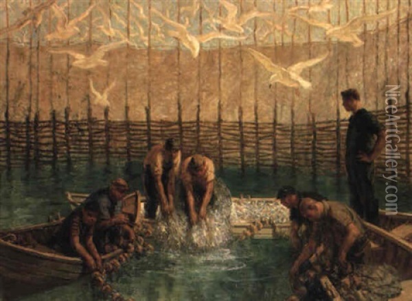 Seining The Weir Nets Oil Painting - Francis Luis Mora