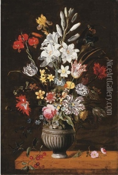 Lilies, Irises, Tulips, Narcissi And Other Flowers In An Urn With A Grasshopper Oil Painting - Jacob Marrel