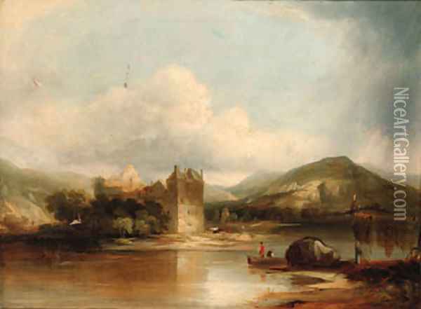 Figures boating on a lake, a ruined castle beyond Oil Painting - James Baker Pyne
