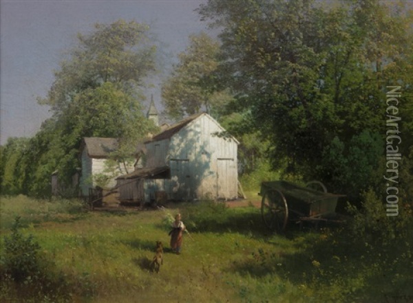 On The Farm Oil Painting - Hermann Herzog