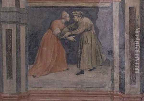 The meeting of a man and a woman from Scenes of a Private Life cycle after Giotto 1450 Oil Painting - Nicolo & Stefano da Ferrara Miretto
