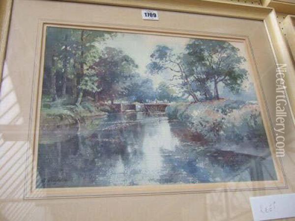 Fishing On The River Arun At Okehurst; Old Weir Oil Painting - William Robert Houghton