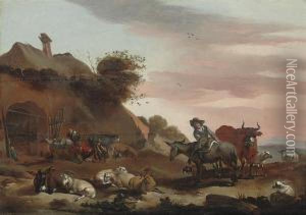 Herdsmen And Their Cattle At Rest In A Landscape Oil Painting - Jacob Van Der Does I