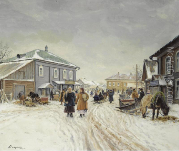 Village In Winter Oil Painting - Mikhail Abramovich Balunin