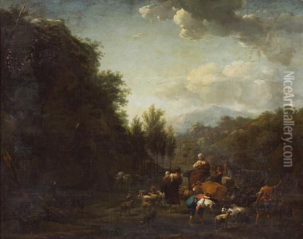 An Extensive Landscape With Drovers And Other Figures With Sheep, Cattle And Goats By A Stream Oil Painting - Abraham Jansz Begeyn