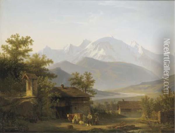 Le Mont Blanc Et L'arve, Vus De Sallanches. Oil Painting - Francois Diday