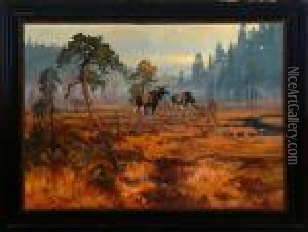 Elks In A Forrest. Signed. Oil On Canvas. 91 X 126 Cm Oil Painting - Carl Brandt