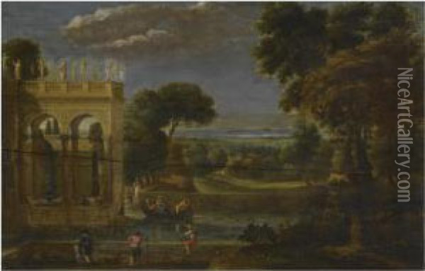 A Classical Wooded Landscape With Figures By A Palace Oil Painting - Gian Battista Viola