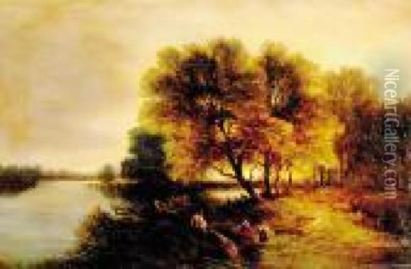 Children On Riverbank At Twilight Oil Painting - Edward Jr Williams