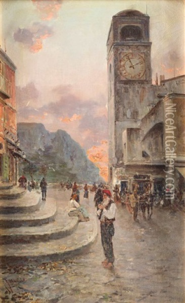 Capri. Piazza Umberto I Oil Painting - Giuseppe Giardiello