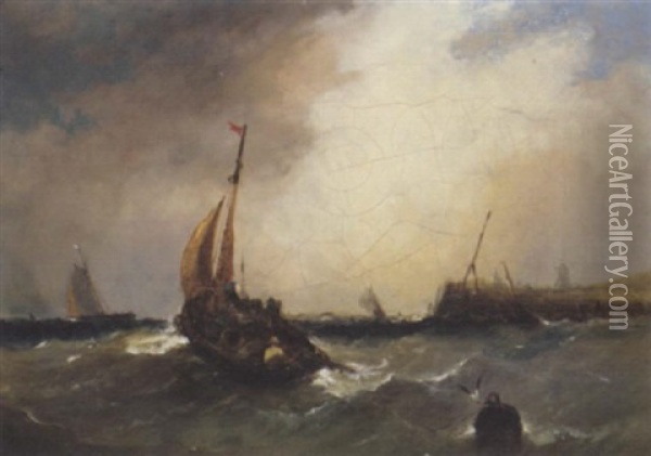 An Overloaded Fishing Boat Running Out Of Harbour Oil Painting - Edwin Hayes