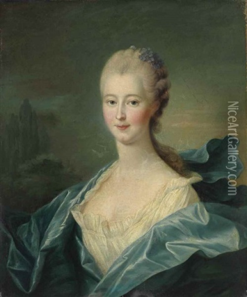 Portrait Of A Lady, Half-length, In A White Dress With A Blue Satin Cloak Oil Painting - Francois Hubert Drouais