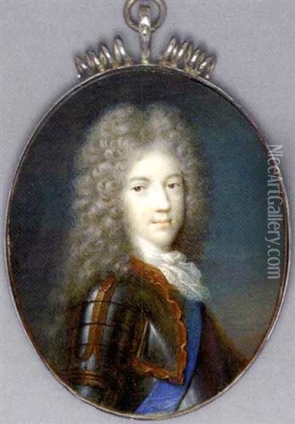Prince James Francis Edward Stuart In Gilt-studded Armour And Lace Cravat, Wearing The Blue Sash Of The Order Of The Garter, Full Bottomed Powdered Curling Wig Oil Painting - Jacques-Antoine Arlaud