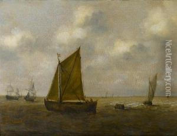 Dutch Shipping In Calm Water Oil Painting - Claes Claesz. Wou