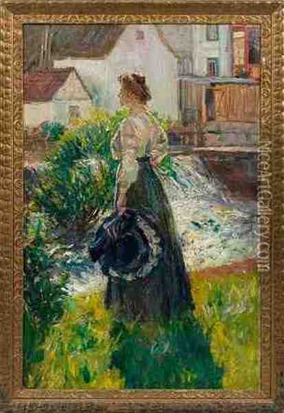 Stehende Dame Am Muhlbach Oil Painting - Gustav Schraegle