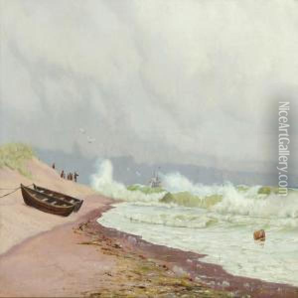 Costal Scenery From Orhage With Shipwreck Oil Painting - Oscar Herschend